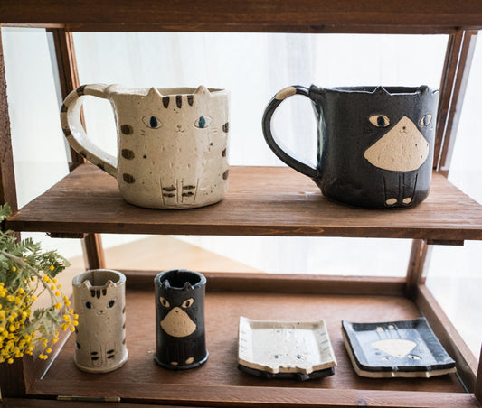 Black And White Cat Bowl, Plate, Mug And Planter