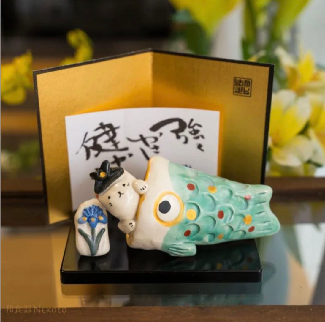 Japanese Cute Cat And Carp Figurine