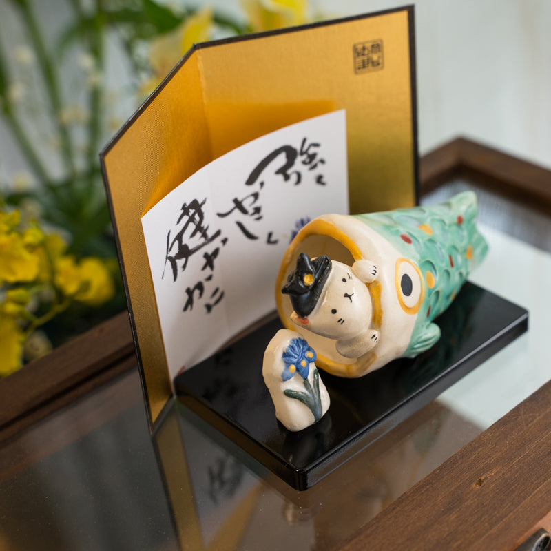 Japanese Cute Cat And Carp Figurine