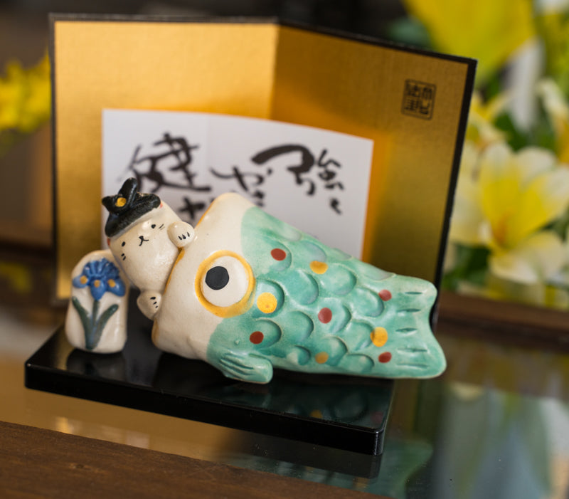 Japanese Cute Cat And Carp Figurine