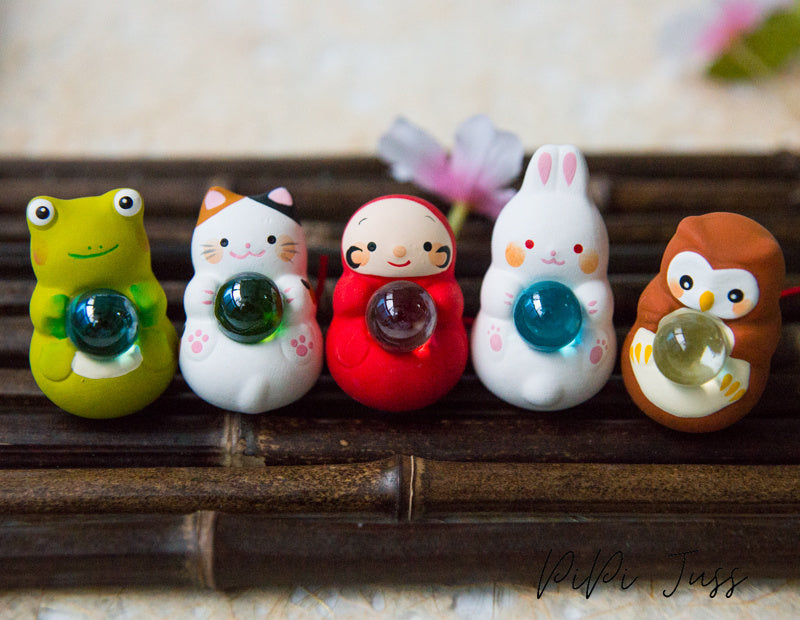 Cute Kitten, Rabbit, Owl, Frog And Daruma Doll Figurines