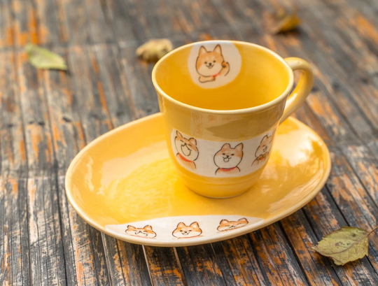 Cute Hand-Painted Shiba Inu Dogs Coffee Mug & Plate