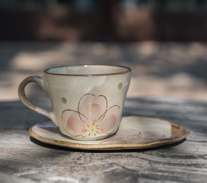 Japanese Vintage Pink Sakura Hand-Painted Tea Cup Saucer Set