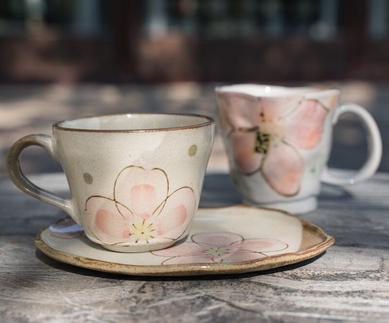 Japanese Vintage Pink Sakura Hand-Painted Tea Cup Saucer Set