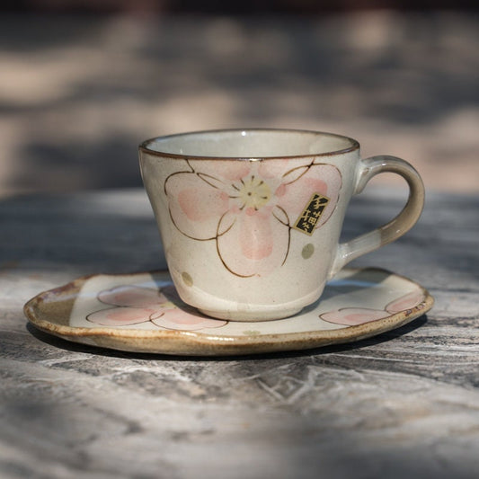 Japanese Vintage Pink Sakura Hand-Painted Tea Cup Saucer Set