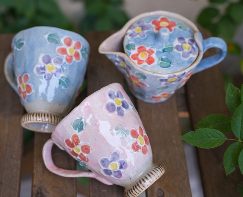 Japanese Vintage Hand-Painted Flower Coffee Mug & Tea Pot