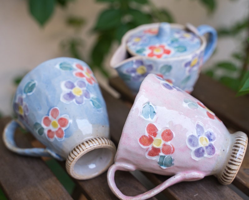 Japanese Vintage Hand-Painted Flower Coffee Mug & Tea Pot